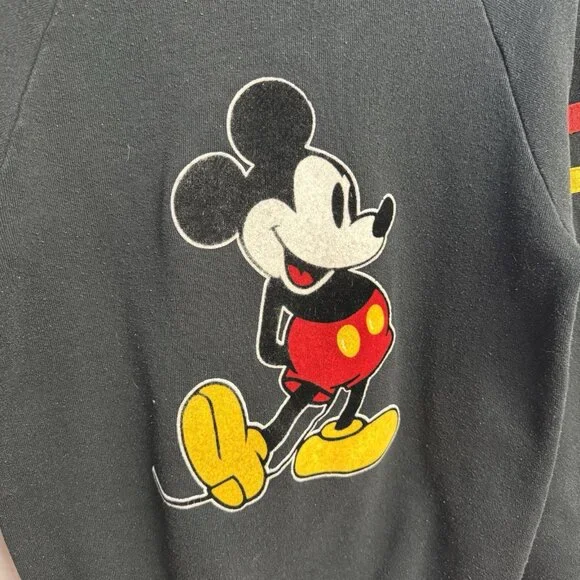 Vintage 80s Mickey Mouse Sweatshirt Small 16x22.5 Raglan Black Velvet USA - Picture 6 of 12